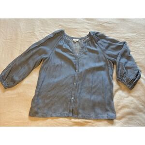 Women's Top Large Blue Striped Peasant Blouse Button-Down Relaxed Summer V-neck‎